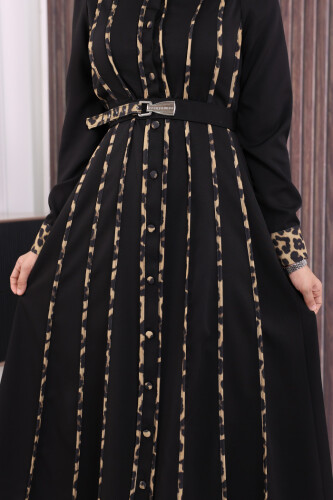 Leopar Biyeli Kemerli Elbise 3930 Siyah - 7