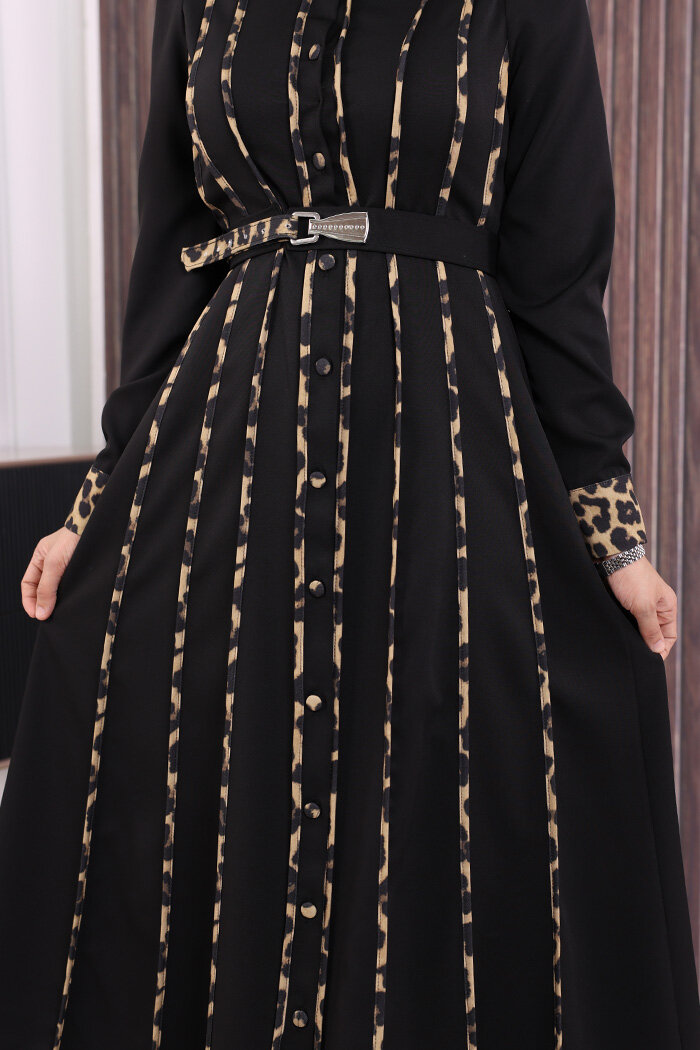 Leopar Biyeli Kemerli Elbise 3930 Siyah - 7