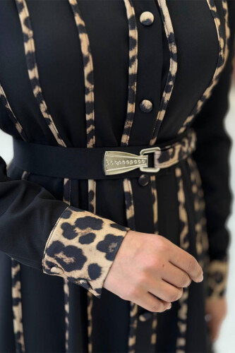 Leopar Biyeli Kemerli Elbise 3930 Siyah - 1