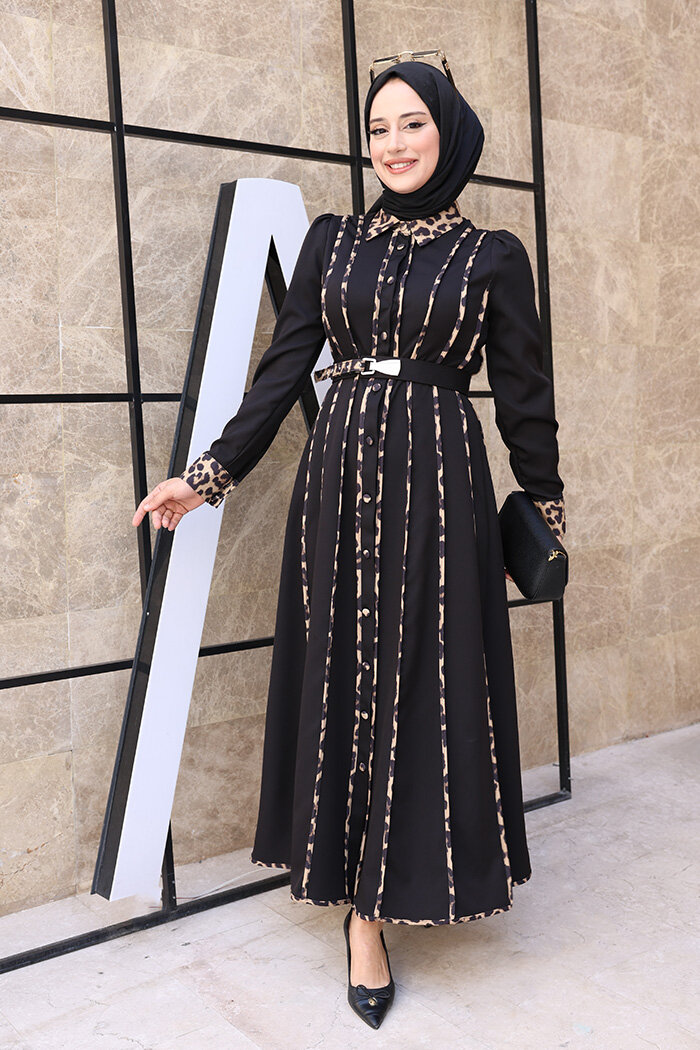 Leopar Biyeli Kemerli Elbise 3930 Siyah - 8