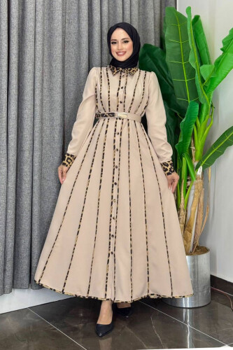 Leopar Biyeli Kemerli Elbise 3930 Taş - Bym Fashion