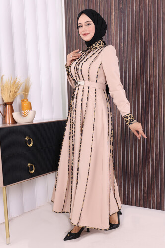 Leopar Biyeli Kemerli Elbise 3930 Taş - 2