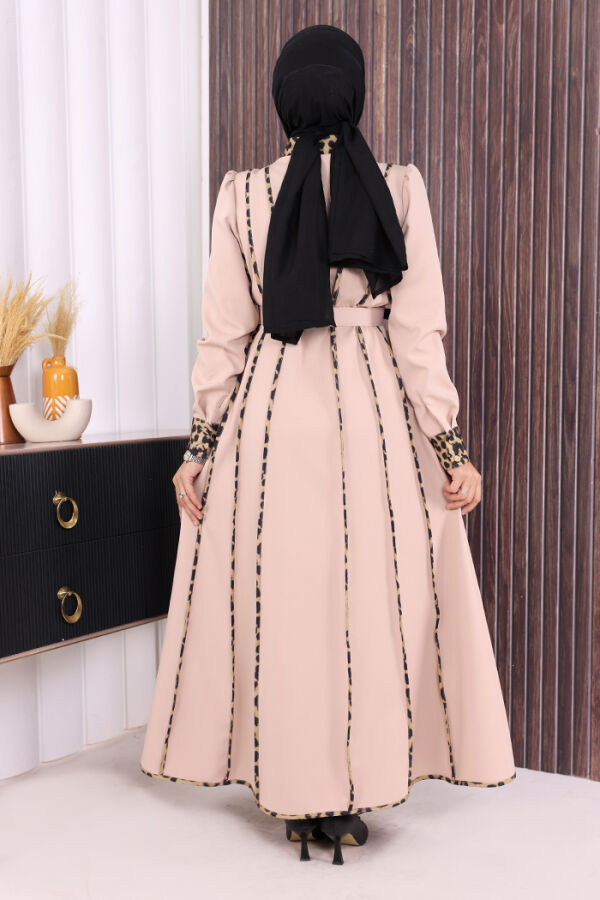 Leopar Biyeli Kemerli Elbise 3930 Taş - 3