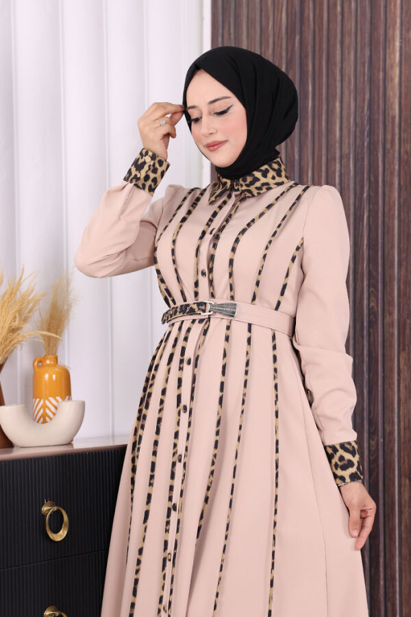 Leopar Biyeli Kemerli Elbise 3930 Taş - 5