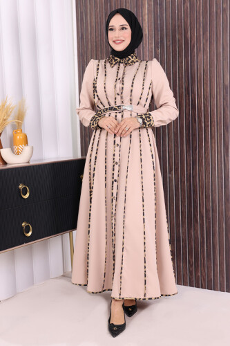 Leopar Biyeli Kemerli Elbise 3930 Taş 