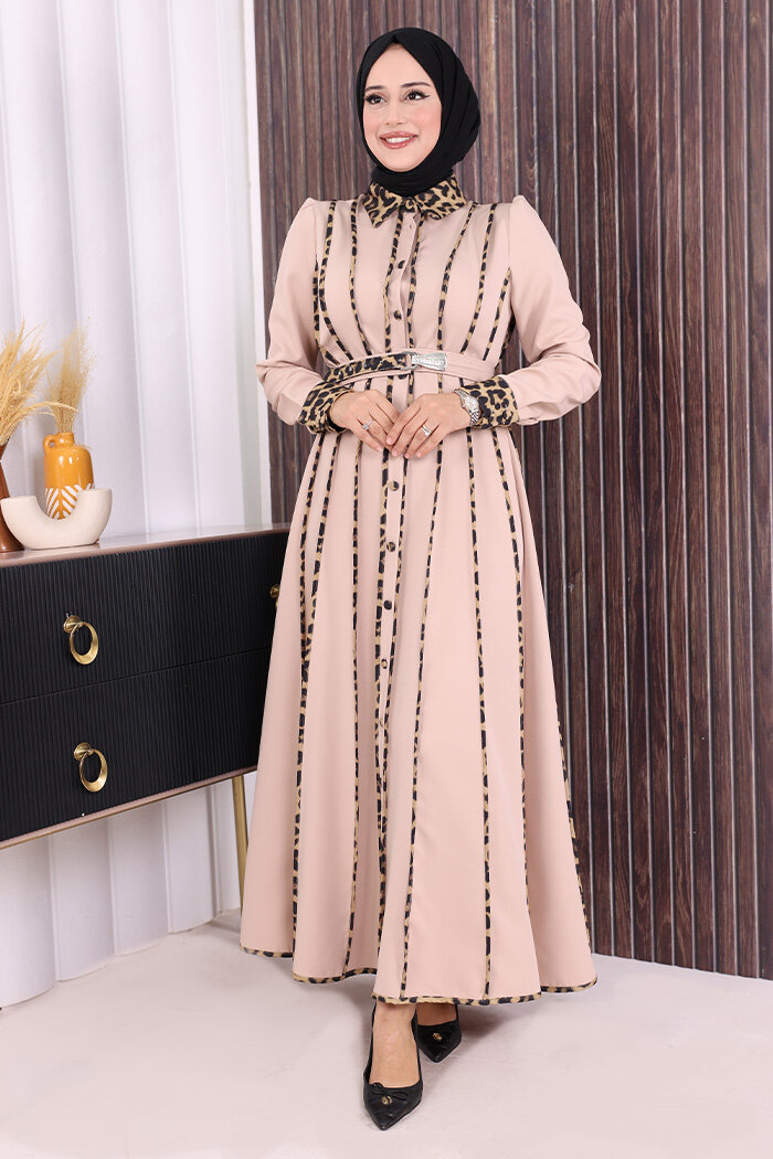 Leopar Biyeli Kemerli Elbise 3930 Taş
