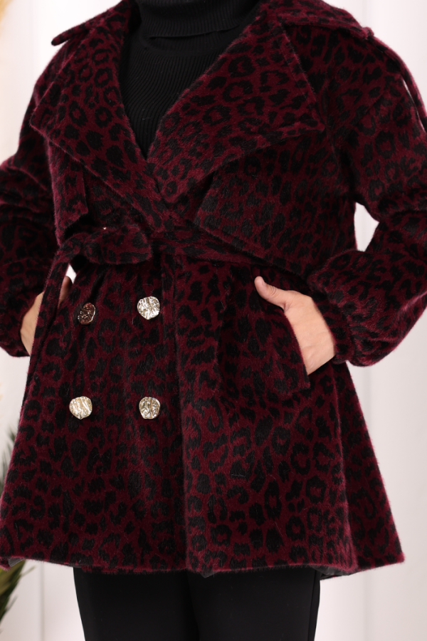 Leopar Düğmeli Kaban 70059-1 Bordo - 6