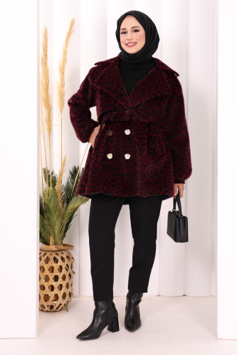 Leopar Düğmeli Kaban 70059-1 Bordo - Bym Fashion