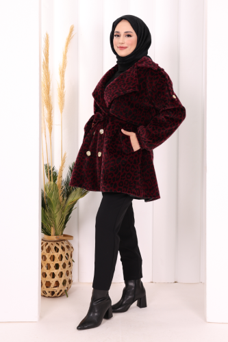 Leopar Düğmeli Kaban 70059-1 Bordo - 3