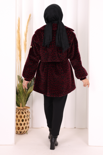 Leopar Düğmeli Kaban 70059-1 Bordo - 4
