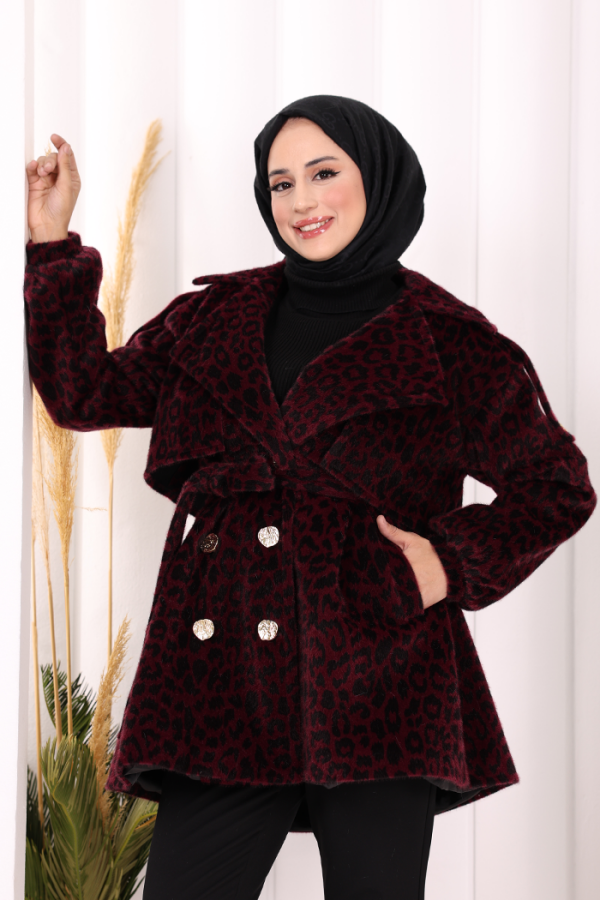 Leopar Düğmeli Kaban 70059-1 Bordo - 5