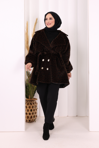 Leopar Düğmeli Kaban 70059-1 Kahverengi - Bym Fashion