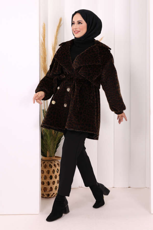 Leopar Düğmeli Kaban 70059-1 Kahverengi - 3