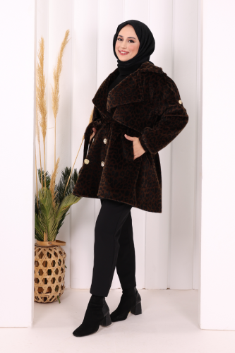 Leopar Düğmeli Kaban 70059-1 Kahverengi - 4