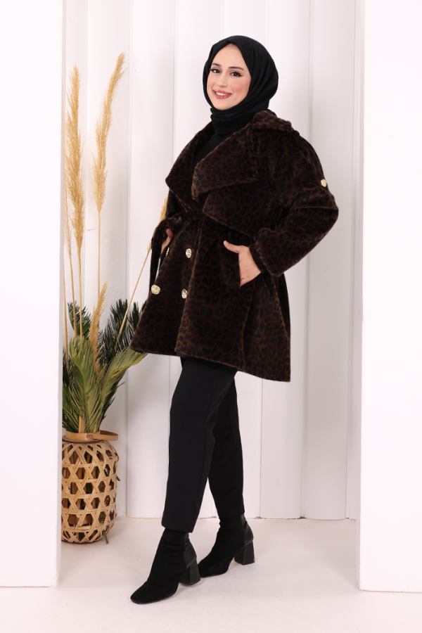 Leopar Düğmeli Kaban 70059-1 Kahverengi - 4