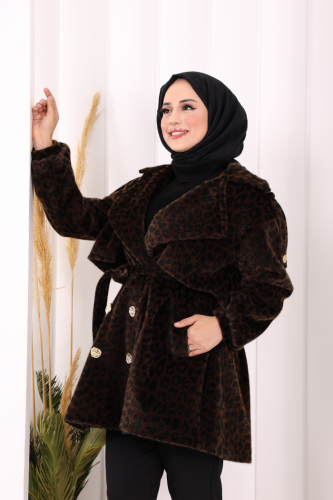 Leopar Düğmeli Kaban 70059-1 Kahverengi - 5