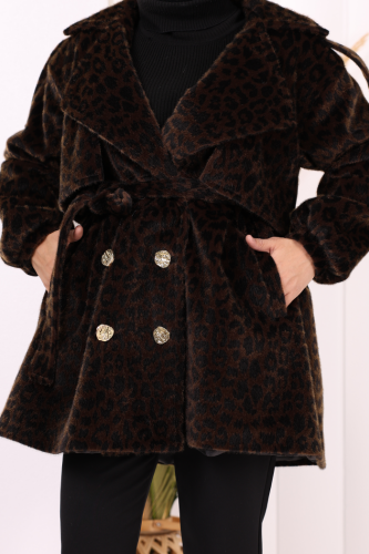 Leopar Düğmeli Kaban 70059-1 Kahverengi - 6