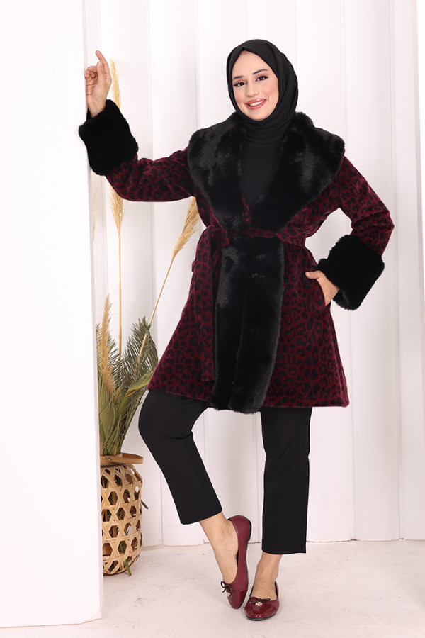 Leopar Kürklü Kaban 70062-1 Bordo - 1