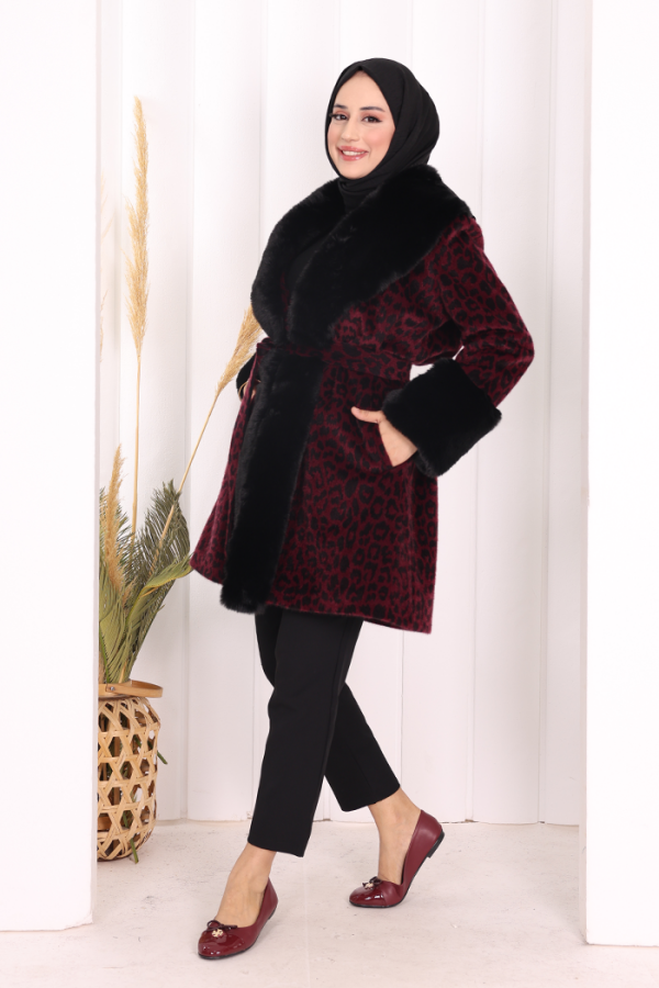 Leopar Kürklü Kaban 70062-1 Bordo - 3