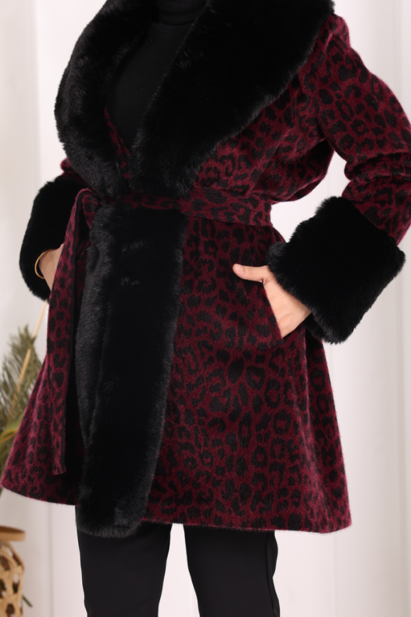 Leopar Kürklü Kaban 70062-1 Bordo - 6