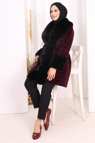 Leopar Kürklü Kaban 70062-1 Bordo - 7
