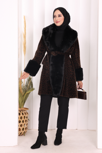 Leopar Kürklü Kaban 70062-1 Kahverengi - Bym Fashion