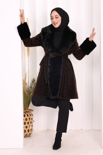 Leopar Kürklü Kaban 70062-1 Kahverengi - 2