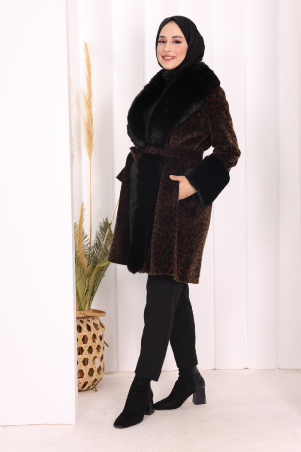 Leopar Kürklü Kaban 70062-1 Kahverengi - 3