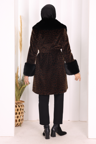 Leopar Kürklü Kaban 70062-1 Kahverengi - 4