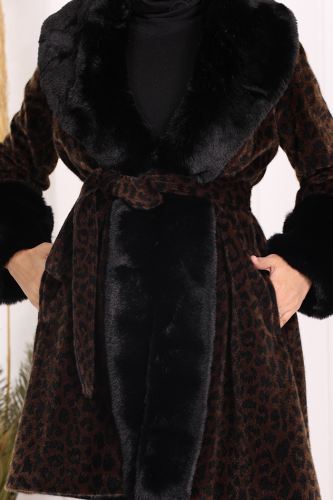 Leopar Kürklü Kaban 70062-1 Kahverengi - 6