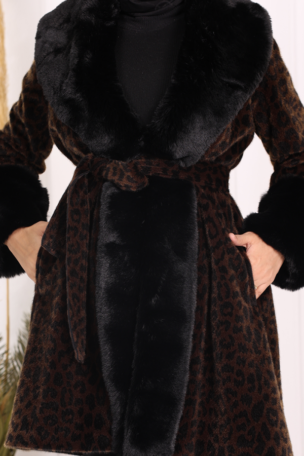 Leopar Kürklü Kaban 70062-1 Kahverengi - 6