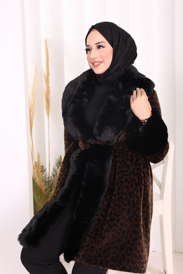 Leopar Kürklü Kaban 70062-1 Kahverengi - 7