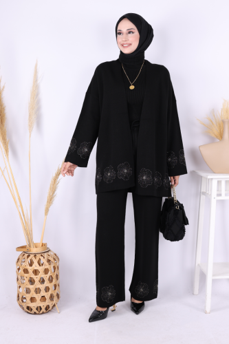Lotus Çiçekli Kimono ve Pantolon Takım 17003 Siyah-Gold - Bym Fashion