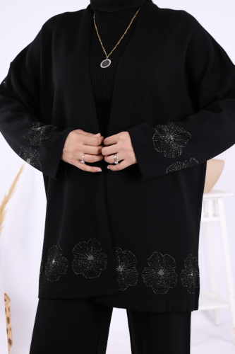 Lotus Çiçekli Kimono ve Pantolon Takım 17003 Siyah-Gold - 5