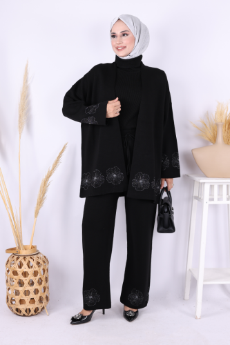 Lotus Çiçekli Kimono ve Pantolon Takım 17003 Siyah-Gümüş - Bym Fashion