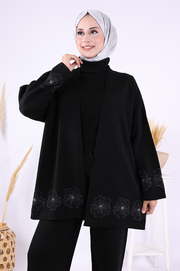 Lotus Çiçekli Kimono ve Pantolon Takım 17003 Siyah-Gümüş - 4