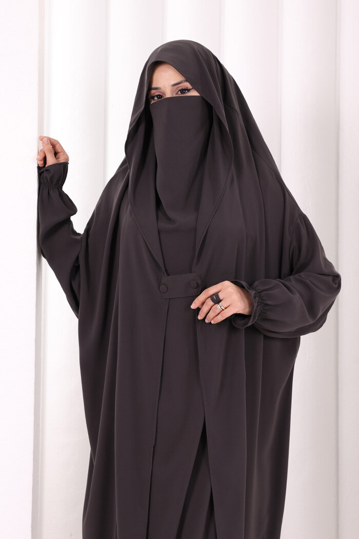Medine Kendinden Peçeli Sufleli Cilbab 6032 Füme - 6
