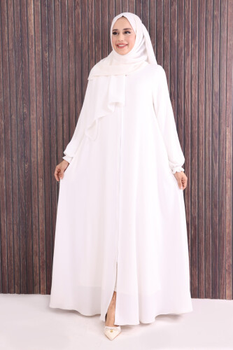 Fermuarlı Kol Manşetleri Büzgülü Mevlana Ferace 6007 Ekru 