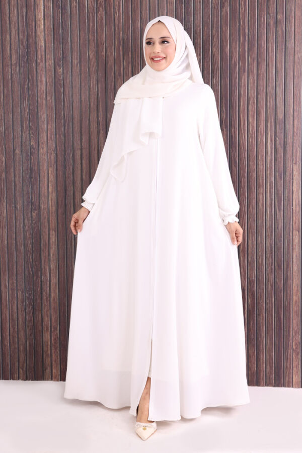 Fermuarlı Kol Manşetleri Büzgülü Mevlana Ferace 6007 Ekru - 1