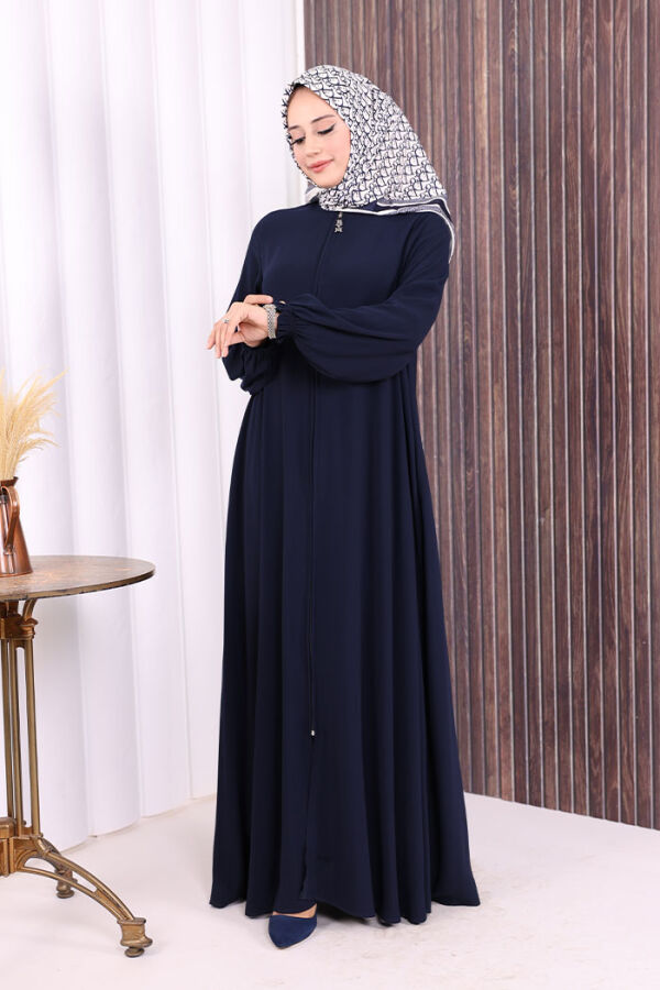 Fermuarlı Kol Manşetleri Büzgülü Mevlana Ferace 6007 Lacivert - 2