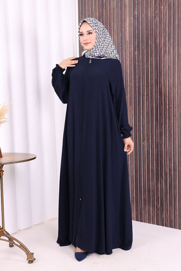Fermuarlı Kol Manşetleri Büzgülü Mevlana Ferace 6007 Lacivert - 3