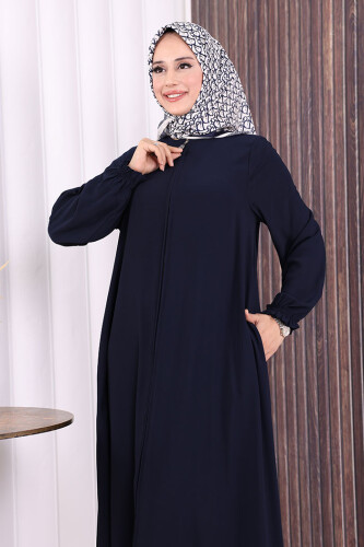 Fermuarlı Kol Manşetleri Büzgülü Mevlana Ferace 6007 Lacivert - 5