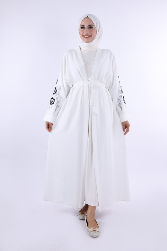Nakış İşleme Detaylı Bel Kuşaklı Abaya 7898 Ekru 