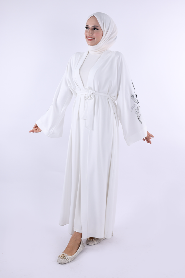 Nakış İşleme Detaylı Bel Kuşaklı Abaya 7898 Ekru - 2
