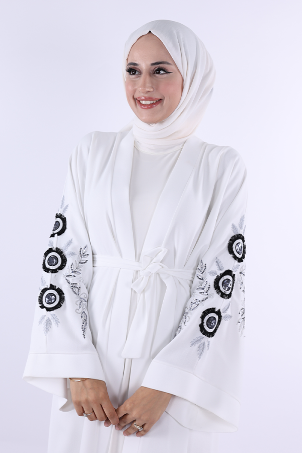 Nakış İşleme Detaylı Bel Kuşaklı Abaya 7898 Ekru - 5