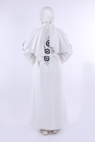 Nakış İşleme Detaylı Bel Kuşaklı Abaya 7898 Ekru - 3