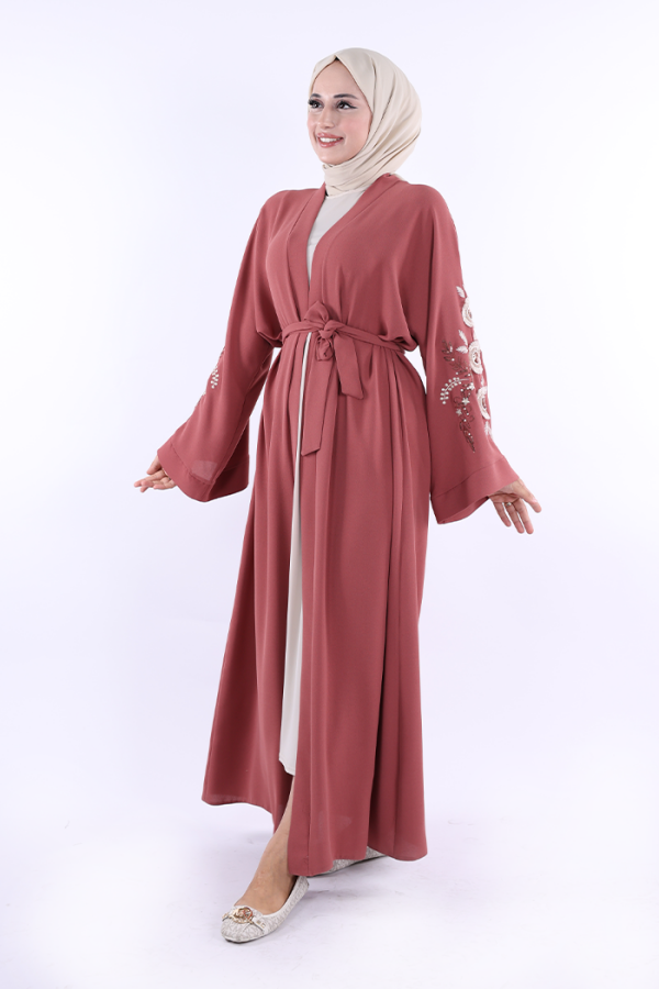 Nakış İşleme Detaylı Bel Kuşaklı Abaya 7898 Gül Kurusu - 3
