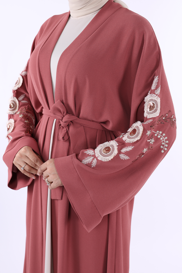 Nakış İşleme Detaylı Bel Kuşaklı Abaya 7898 Gül Kurusu - 4
