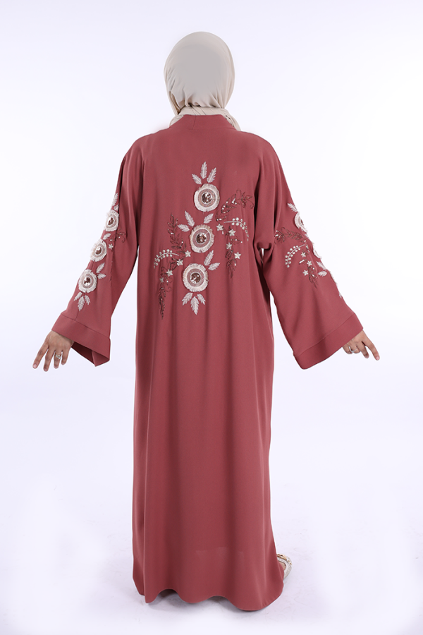 Nakış İşleme Detaylı Bel Kuşaklı Abaya 7898 Gül Kurusu - 2