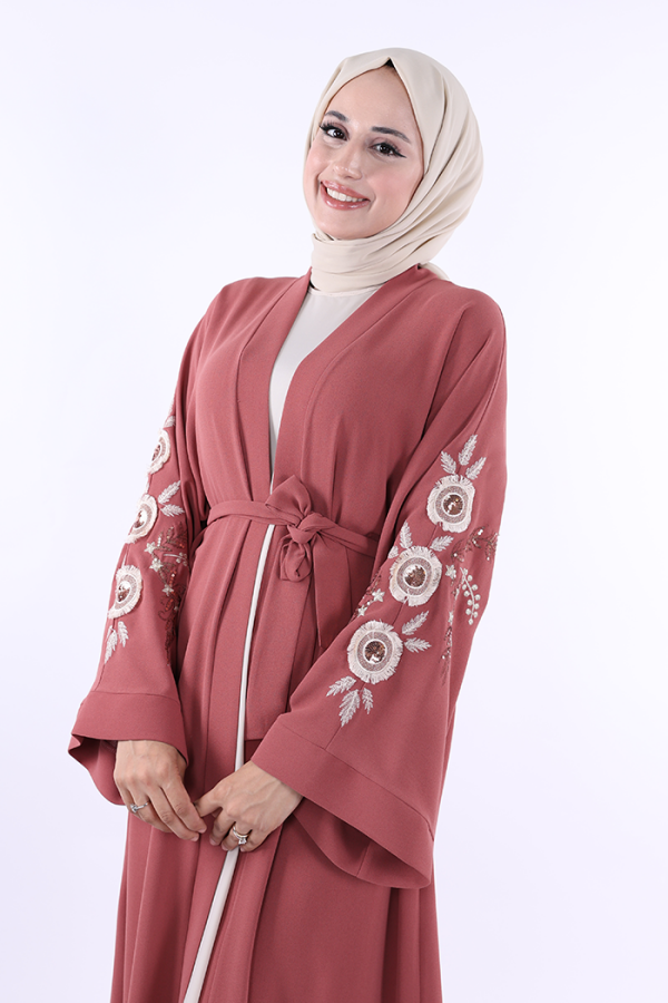 Nakış İşleme Detaylı Bel Kuşaklı Abaya 7898 Gül Kurusu - 5